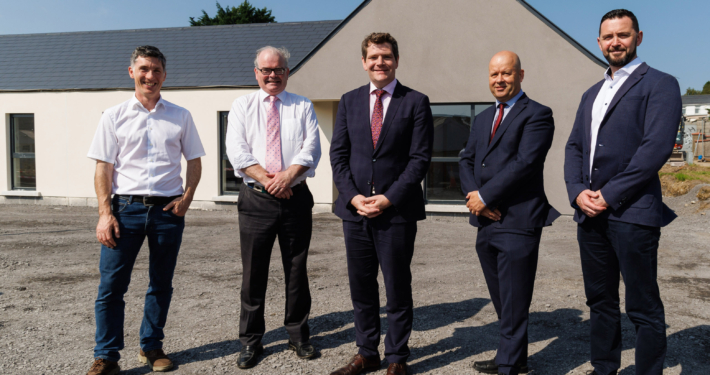 Professor Jamie Goggins, University of Galway and Director, Construct Innovate, Mr Neil Kerrigan, Department Manager, Technology, Infrastructure & Collaboration, Enterprise Ireland, Minister of Enterprise, Trade and Employment, Peter Burke TD, Mr Seán Armstrong, Principal Officer, Department of Housing, Local Government and Heritage, Mr Colm McHugh, Centre Manager, Construct Innovate. Picture Credit: Damien Eagers