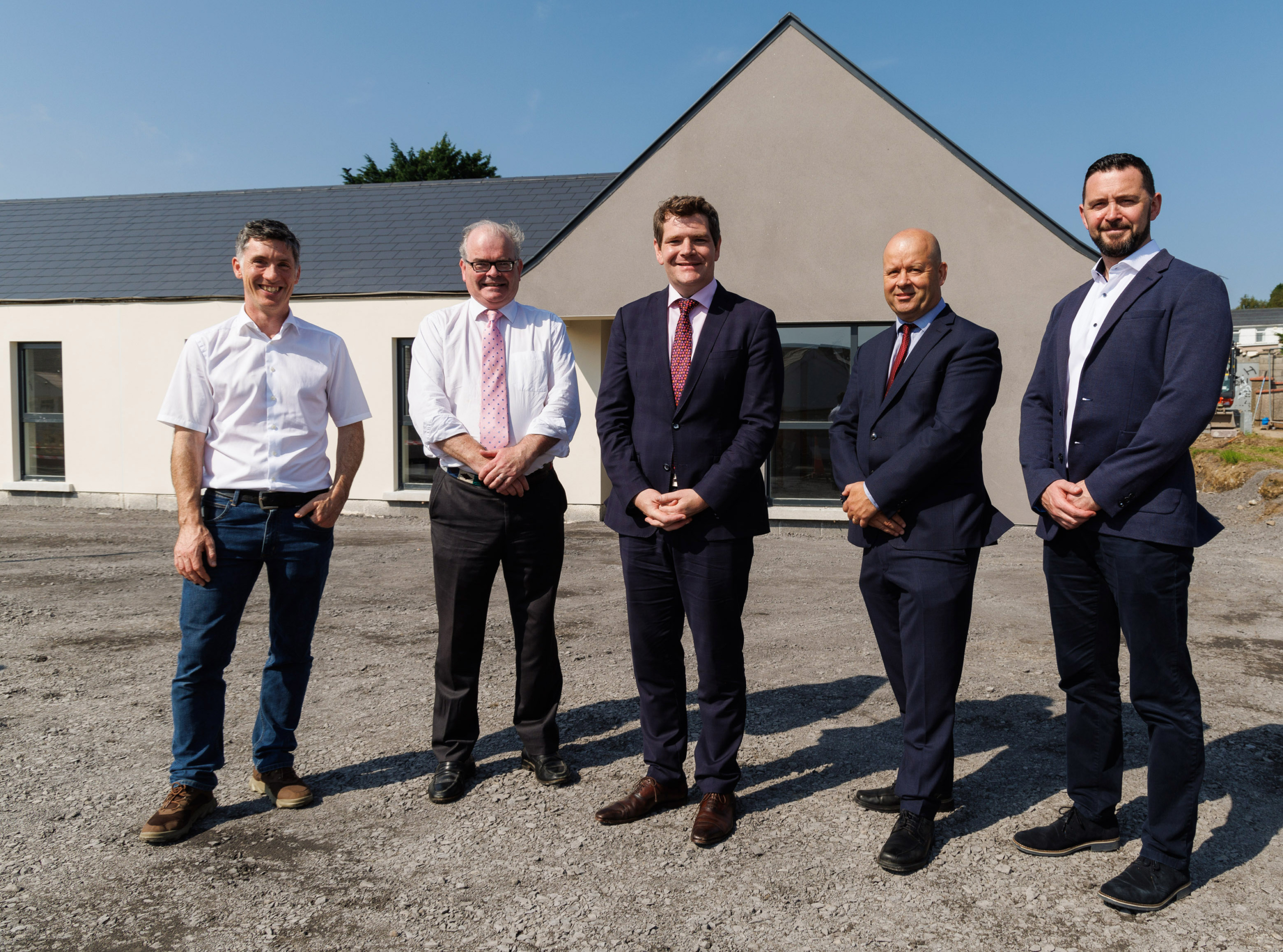 Professor Jamie Goggins, University of Galway and Director, Construct Innovate, Mr Neil Kerrigan, Department Manager, Technology, Infrastructure & Collaboration, Enterprise Ireland, Minister of Enterprise, Trade and Employment, Peter Burke TD, Mr Seán Armstrong, Principal Officer, Department of Housing, Local Government and Heritage, Mr Colm McHugh, Centre Manager, Construct Innovate. Picture Credit: Damien Eagers