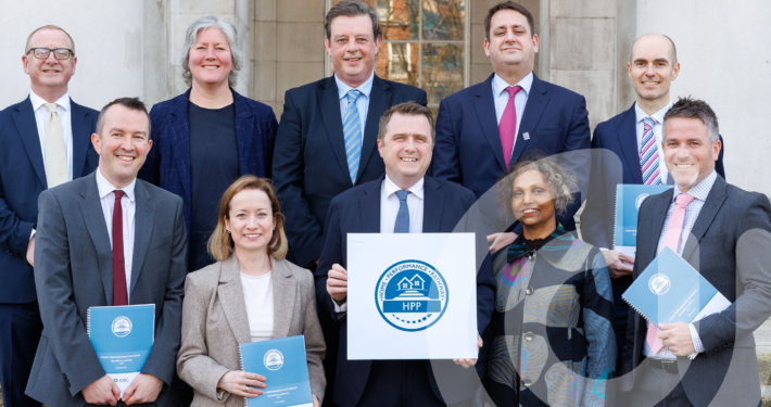Pictured outside the Custom House for the launch of the Home Performance Pathway certification for SME developers are (L-R): John Delahunty, AIB; Fergus Mangan, Home Building Finance Ireland; Magdalena Hajdukiewicz, Construct Innovate; James Browne T.D., Minister for Housing, Local Government & Heritage; Johanna Varghese, Irish Green Building Council; Deirdre Murphy, Housing Agency; Brian Gaffney, Bank of Ireland; PJ Ryan, Construction Industry Federation. Pic: Marc O’Sullivan